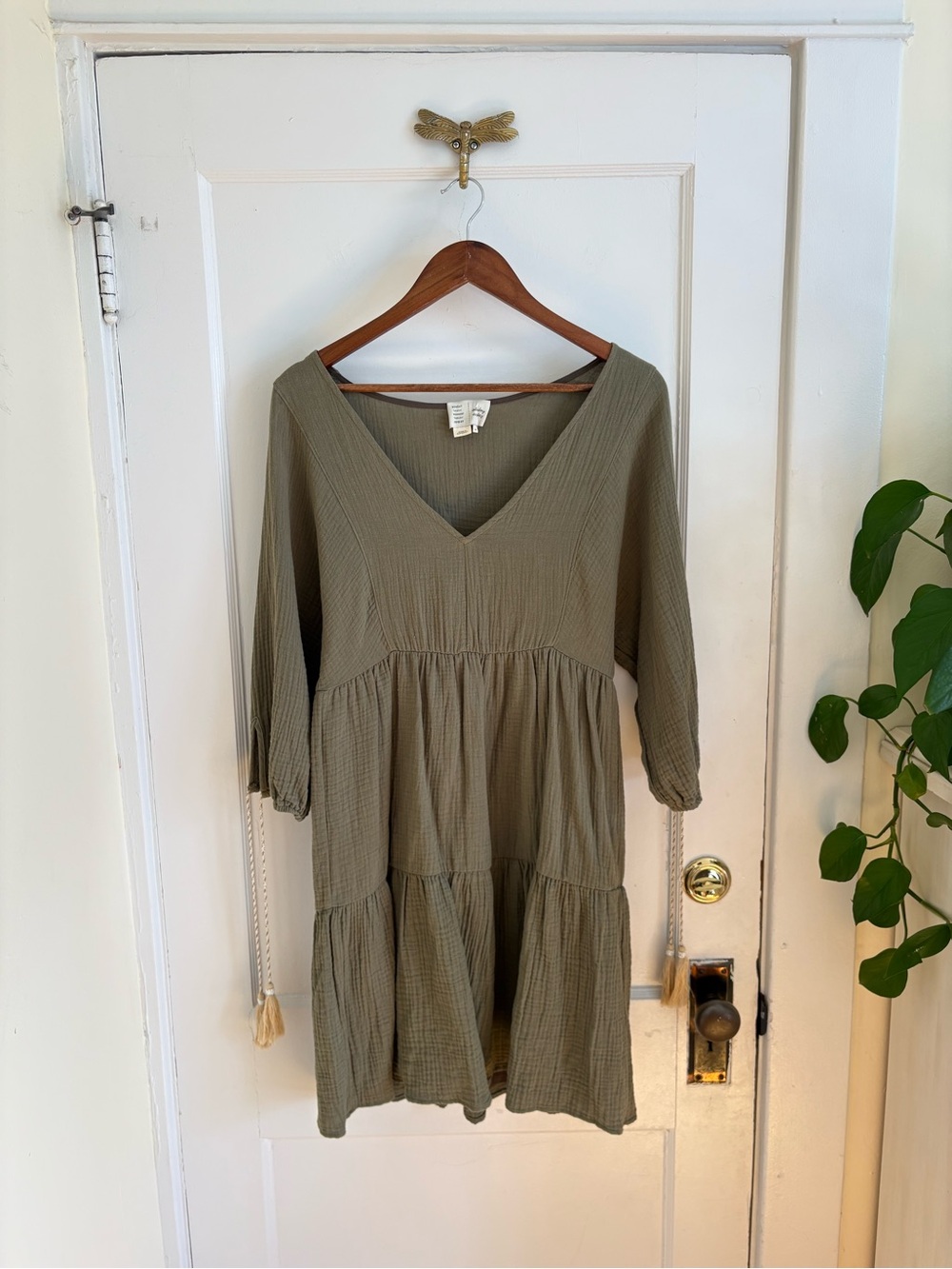 Anthropologie Cotton Gauzy Tiered Mini Tassel Green Sundress Boho Peasant XS